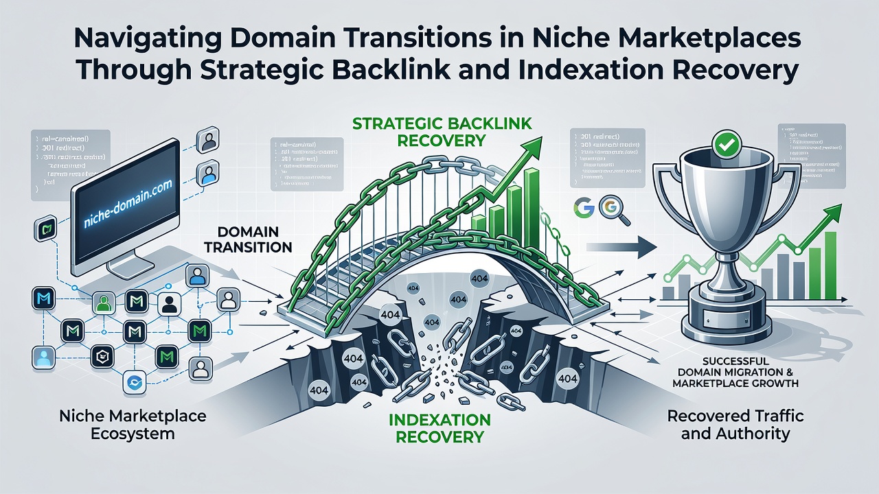 Screenshot of indexation recovery dashboard tracking backlink status and search visibility metrics post domain transition