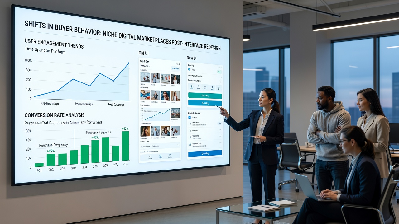Analytics dashboard displaying shifts in buyer session duration and category exploration following marketplace interface updates
